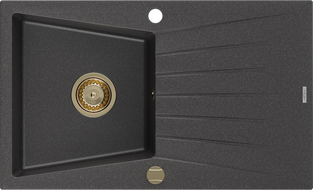 Mexen Cesar granitový dřez s odkapávačem 1-komorový 775 x 470 mm, černý skvrnitý, sifon zlatý - 6514771010-76-G