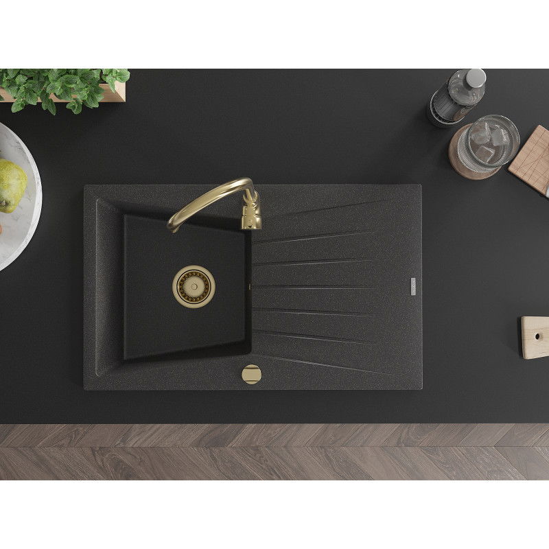 Mexen Cesar granitový dřez s odkapávačem 1-komorový 775 x 470 mm, černý skvrnitý, sifon zlatý - 6514771010-76-G