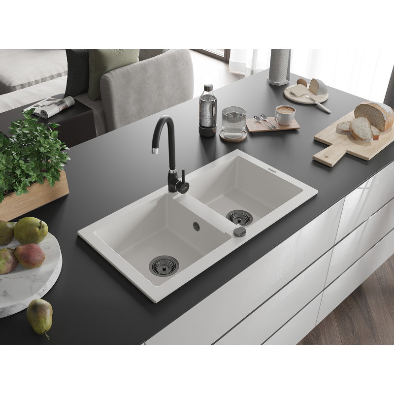 Mexen Mario granitový dvoukomorový dřez 820 x 436 mm, bílý, černý sifon - 6504822000-20-B
