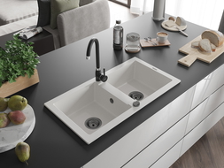 Mexen Mario dvoukomorový granitový dřez 820 x 436 mm, bílý, černý sifon - 6504822000-20-B