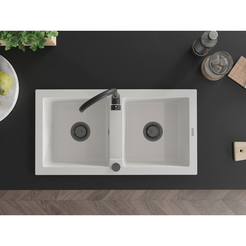 Mexen Mario dvoukomorový granitový dřez 820 x 436 mm, bílý, černý sifon - 6504822000-20-B