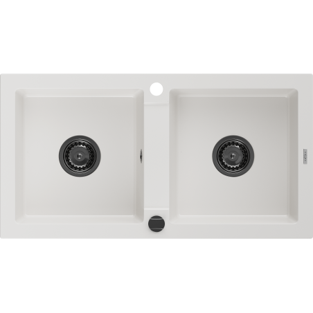 Mexen Mario dvoukomorový granitový dřez 820 x 436 mm, bílý, černý sifon - 6504822000-20-B