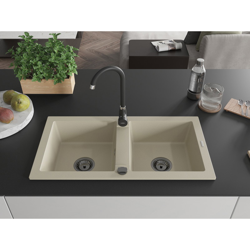 Mexen Mario granitový dřez 2-komorový 820 x 436 mm, béžový, sifon černý - 6504822000-69-B