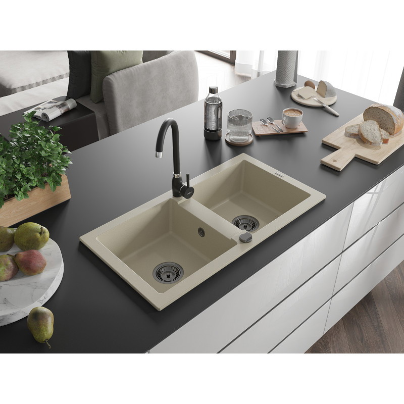 Mexen Mario granitový dřez 2-komorový 820 x 436 mm, béžový, sifon černý - 6504822000-69-B