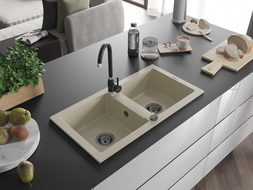 Mexen Mario žulový dřez 2-komorový 820 x 436 mm, béžový, černý sifon - 6504822000-69-B