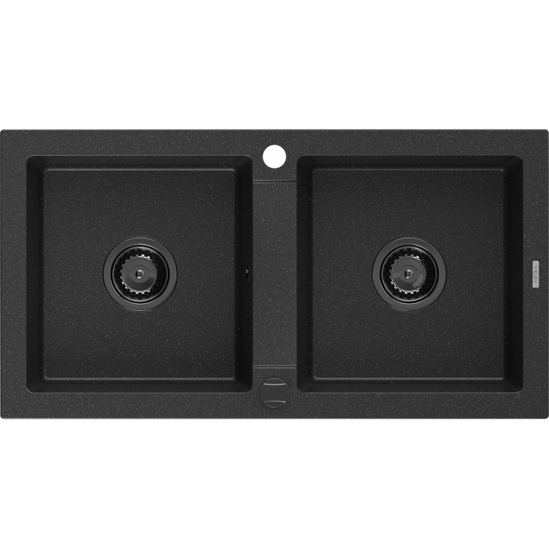 Mexen Mario granitový dřez dvoukomorový 820 x 436 mm, černý/stříbrný metalický, černý sifon - 6504822000-73-B