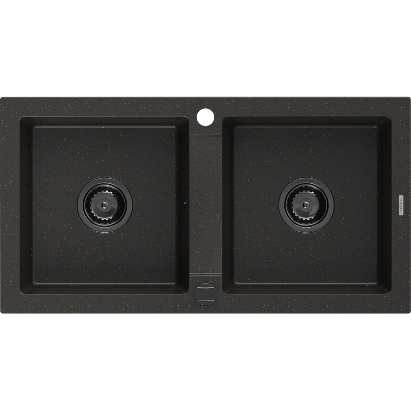 Mexen Mario granitový dřez 2-komorový 820 x 436 mm, černý/zlatý metalík, černý sifon - 6504822000-75-B