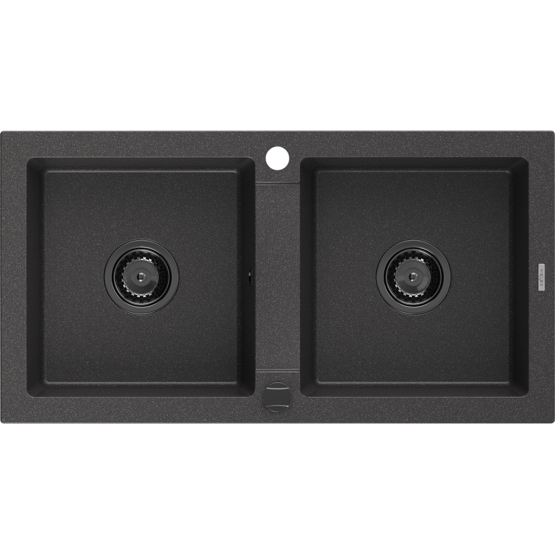 Mexen Mario granitový dřez 2-komorový 820 x 436 mm, černý skvrnitý, černý sifon - 6504822000-76-B