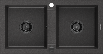 Mexen Mario granitový dřez 2-komorový 820 x 436 mm, černý skvrnitý, černý sifon - 6504822000-76-B