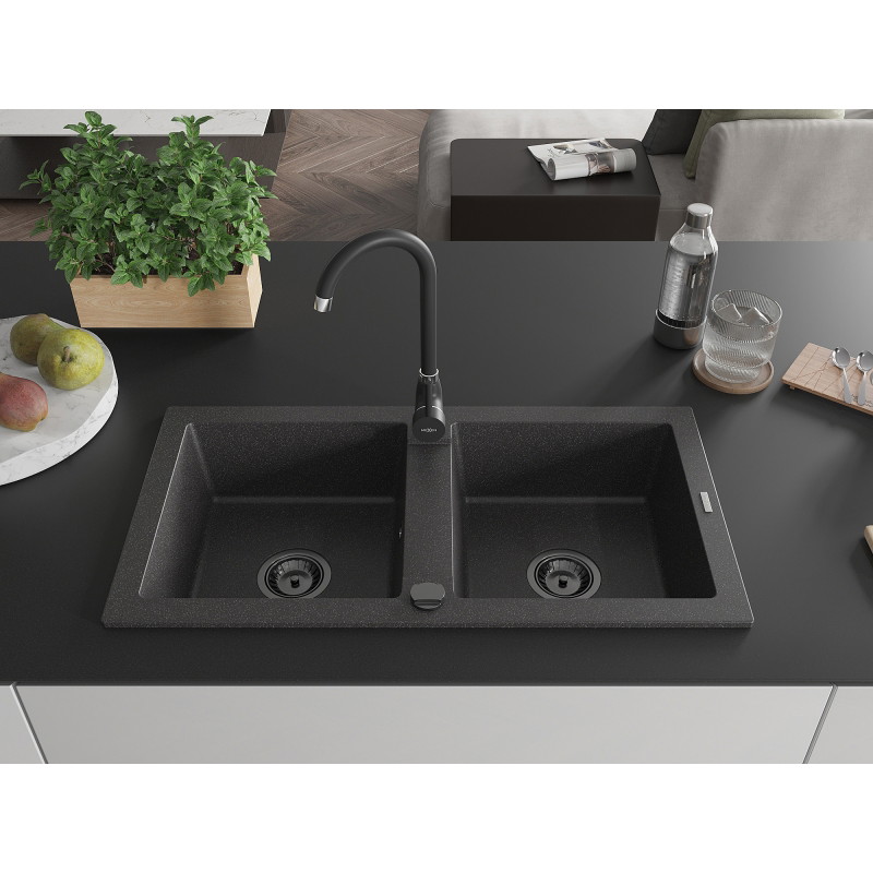 Mexen Mario granitový dřez 2-komorový 820 x 436 mm, černý s tečkami, černý sifon - 6504822000-76-B