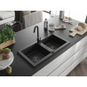 Mexen Mario granitový dřez dvoukomorový 820 x 436 mm, černý, černý sifon - 6504822000-77-B