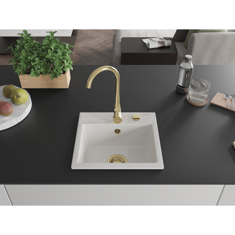 Mexen Milo granitový dřez 1-komorový 435 x 410 mm, bílý, sifon zlatý - 6505441000-20-G