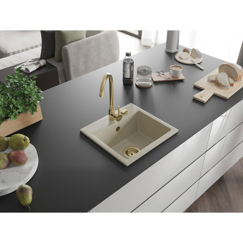 Mexen Milo jednokomorový granitový dřez 435 x 410 mm, béžový, zlatý sifon - 6505441000-69-G