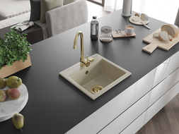 Mexen Milo jednokomorový granitový dřez 435 x 410 mm, béžový, zlatý sifon - 6505441000-69-G