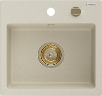 Mexen Milo jednokomorový granitový dřez 435 x 410 mm, béžový, zlatý sifon - 6505441000-69-G