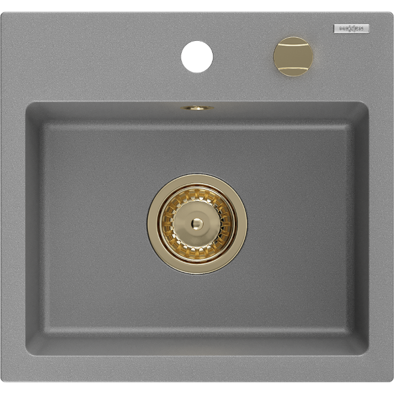 Mexen Milo granitový dřez 1-komorový 435 x 410 mm, šedý, sifon zlatý - 6505441000-71-G