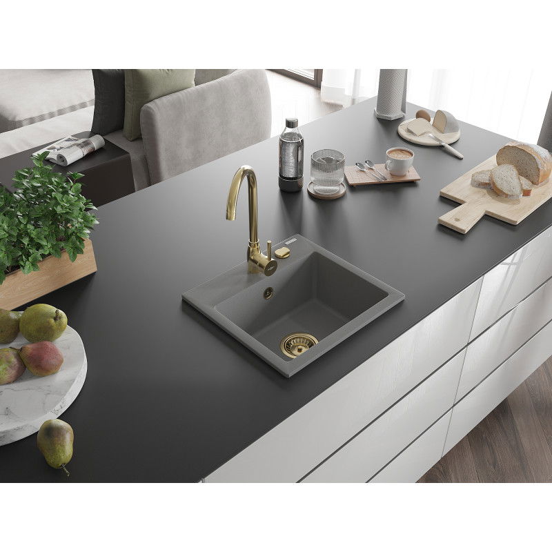 Mexen Milo granitový dřez 1-komorový 435 x 410 mm, šedý, sifon zlatý - 6505441000-71-G