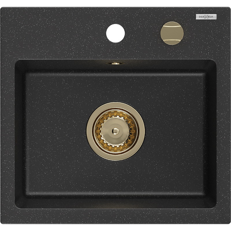 Mexen Milo granitový dřez 1-komorový 435 x 410 mm, černý/stříbrný metalik, zlatý sifon - 6505441000-73-G