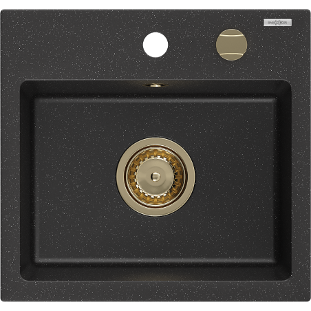 Mexen Milo žulový dřez jednokomorový 435 x 410 mm, černý/stříbrný metalík, zlatý sifon - 6505441000-73-G