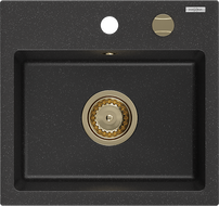 Mexen Milo žulový dřez jednokomorový 435 x 410 mm, černý/stříbrný metalík, zlatý sifon - 6505441000-73-G