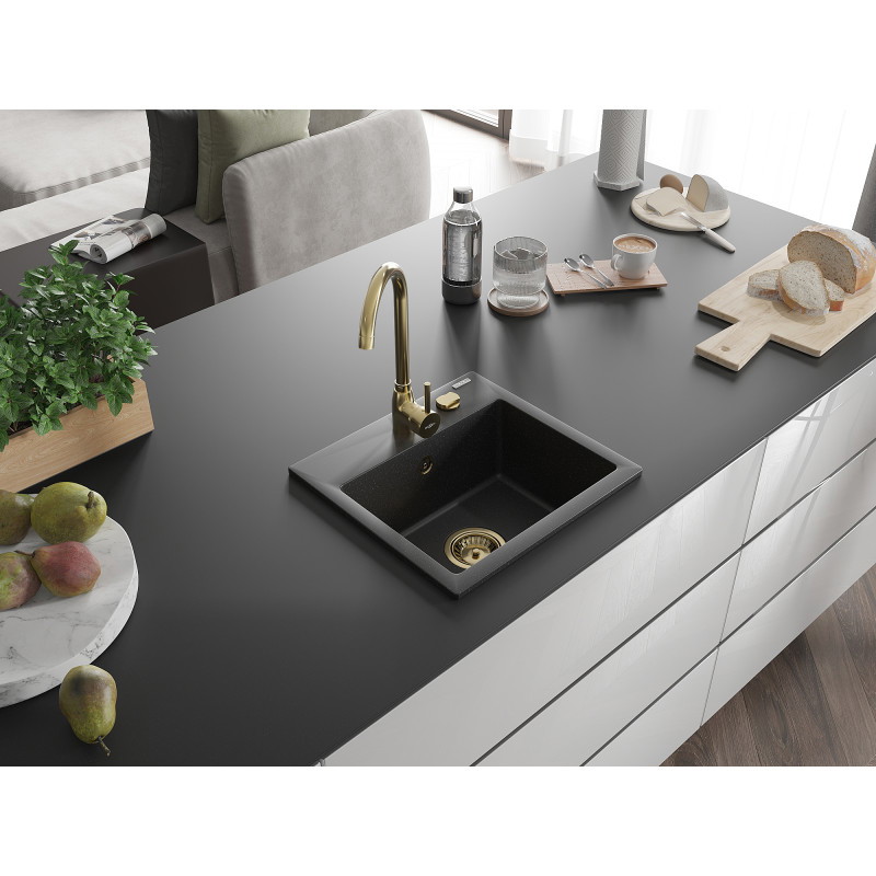 Mexen Milo granitový dřez 1-komorový 435 x 410 mm, černý/stříbrný metalik, sifon zlatý - 6505441000-73-G
