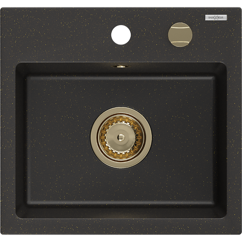 Mexen Milo žulový dřez 1-komorový 435 x 410 mm, černý/zlatý metalik, zlatý sifon - 6505441000-75-G