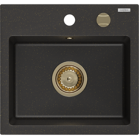 Mexen Milo žulový dřez 1-komorový 435 x 410 mm, černý/zlatý metalik, zlatý sifon - 6505441000-75-G