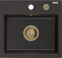 Mexen Milo žulový dřez 1-komorový 435 x 410 mm, černý/zlatý metalik, zlatý sifon - 6505441000-75-G