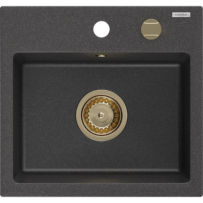 Mexen Milo granitový dřez 1-komorový 435 x 410 mm, černý melírovaný, zlatý sifon - 6505441000-76-G