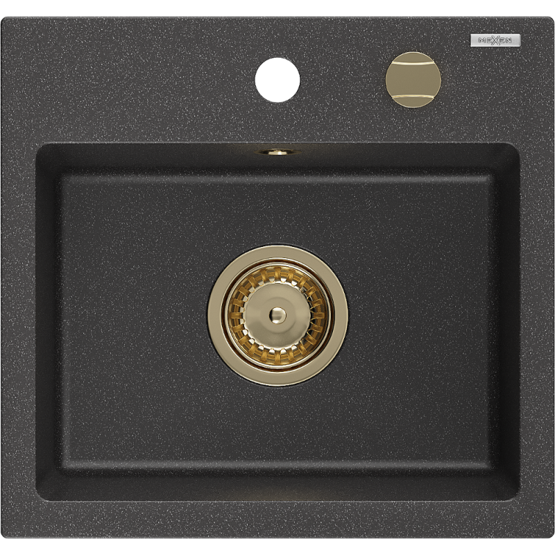 Mexen Milo granitový dřez 1-komorový 435 x 410 mm, černý skvrnitý, sifon zlatý - 6505441000-76-G