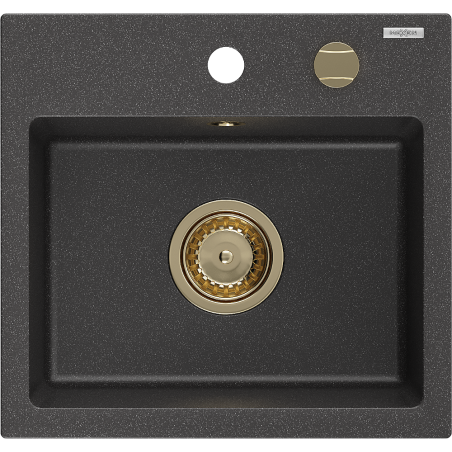 Mexen Milo granitový dřez 1-komorový 435 x 410 mm, černý skvrnitý, sifon zlatý - 6505441000-76-G