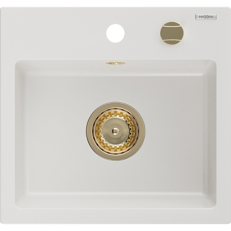 Mexen Milo granitový dřez 1-komorový 435 x 410 mm, bílý, sifon zlatý - 6505441000-20-G