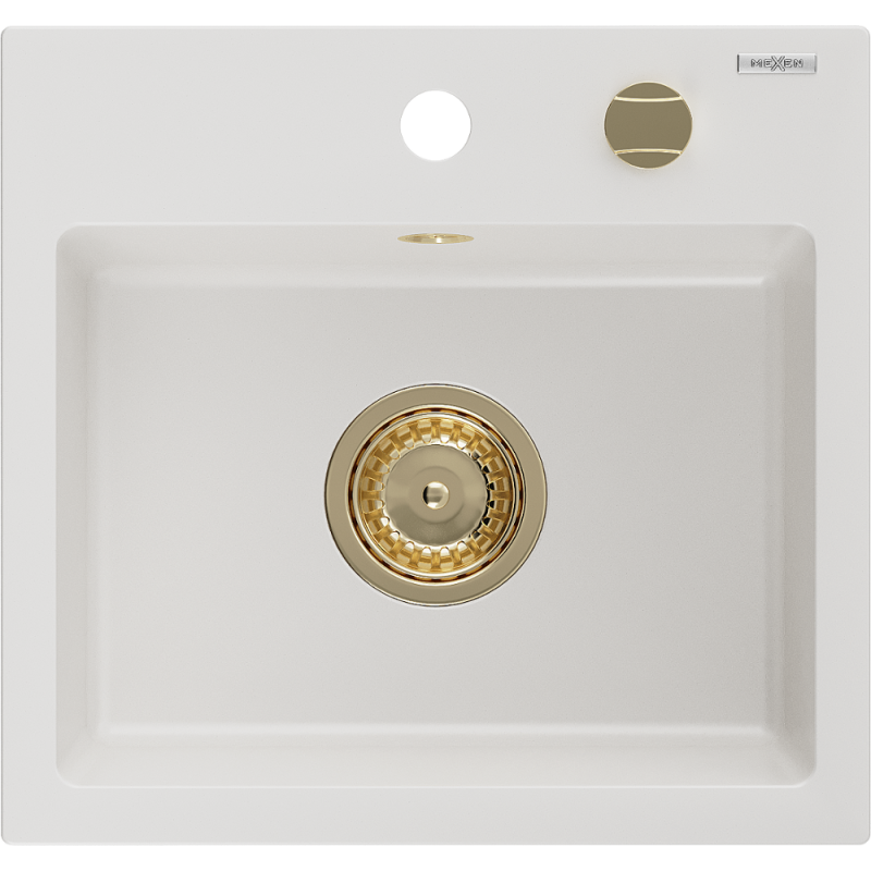 Mexen Milo granitový dřez 1-komorový 435 x 410 mm, bílý, zlatý sifon - 6505441000-20-G