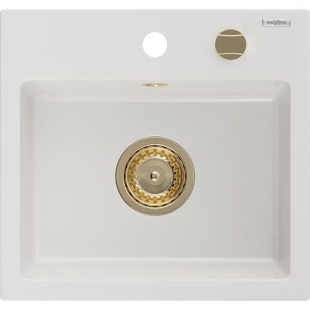 Mexen Milo granitový dřez 1-komorový 435 x 410 mm, bílý, zlatý sifon - 6505441000-20-G