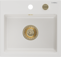 Mexen Milo granitový dřez 1-komorový 435 x 410 mm, bílý, sifon zlatý - 6505441000-20-G