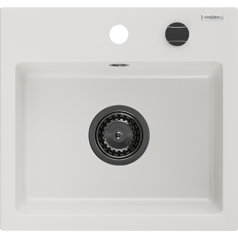 Mexen Milo granitový dřez 1-komorový 435 x 410 mm, bílý, černý sifon - 6505441000-20-B