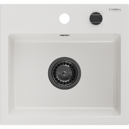 Mexen Milo granitový dřez 1-komorový 435 x 410 mm, bílý, černý sifon - 6505441000-20-B