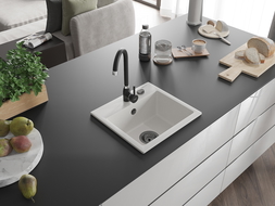 Mexen Milo granitový dřez 1-komorový 435 x 410 mm, bílý, černý sifon - 6505441000-20-B