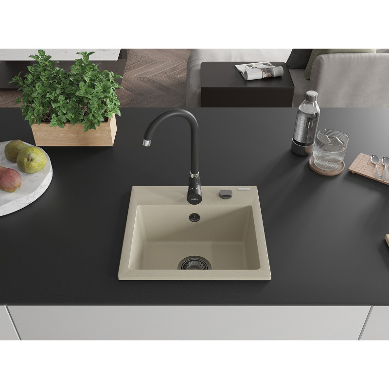 Mexen Milo granitový dřez 1-komorový 435 x 410 mm, béžový, černý sifon - 6505441000-69-B