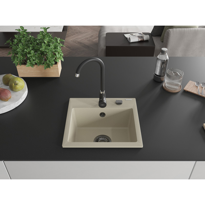 Mexen Milo granitový kuchyňský dřez 1-komorový 435 x 410 mm, béžový, černý sifon - 6505441000-69-B