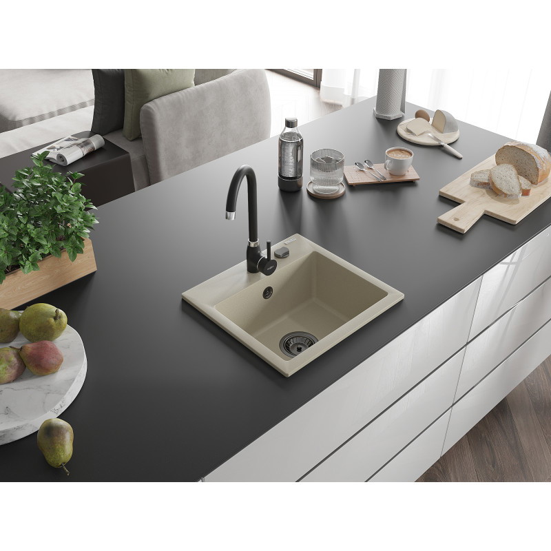 Mexen Milo granitový kuchyňský dřez 1-komorový 435 x 410 mm, béžový, černý sifon - 6505441000-69-B