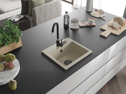 Mexen Milo jednokomorový granitový dřez 435 x 410 mm, béžový, černý sifon - 6505441000-69-B