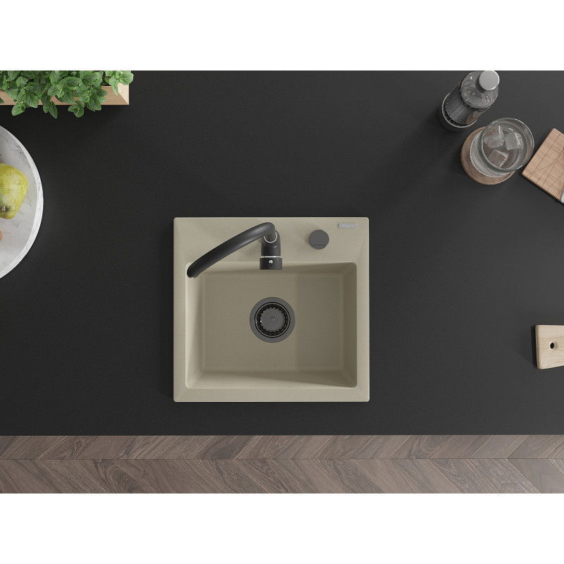 Mexen Milo jednokomorový granitový dřez 435 x 410 mm, béžový, černý sifon - 6505441000-69-B