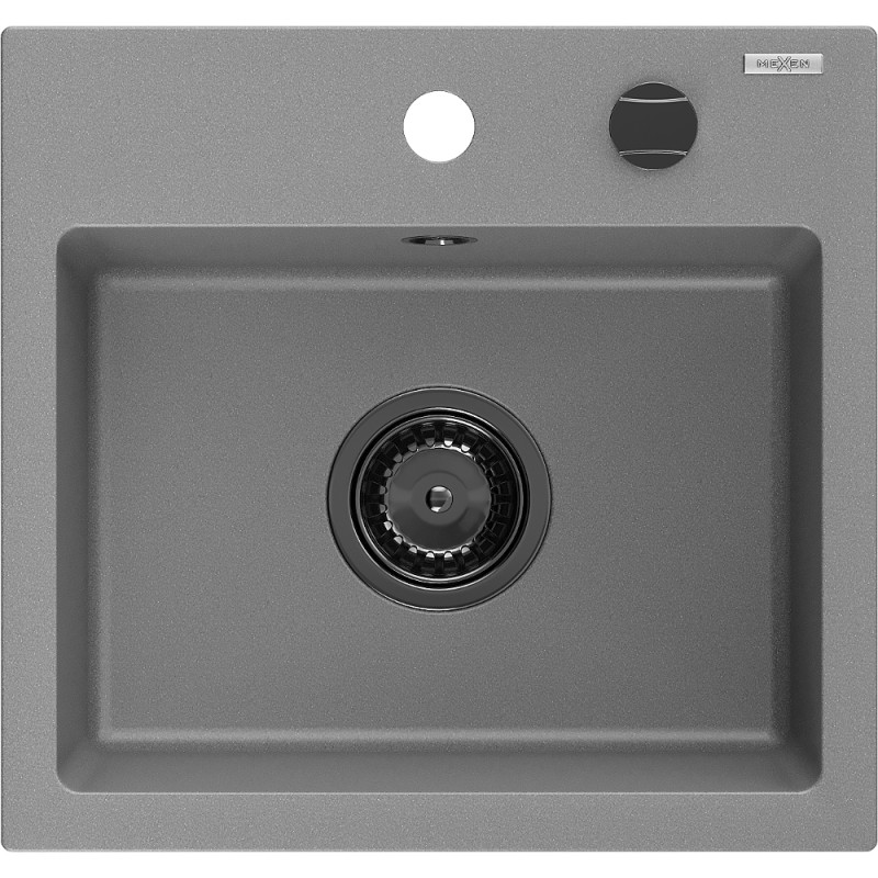 Mexen Milo granitový dřez jednokomorový 435 x 410 mm, šedý, černý sifon - 6505441000-71-B