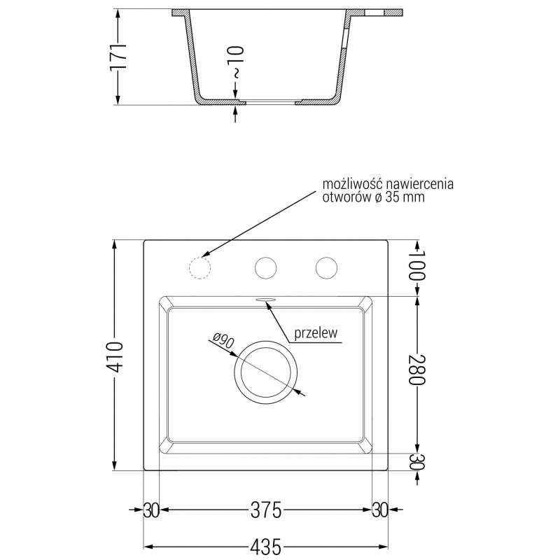 Mexen Milo granitový dřez 1-komorový 435 x 410 mm, černý/stříbrný metalik, černý sifon - 6505441000-73-B