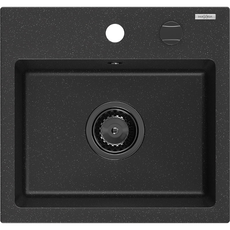 Mexen Milo granitový dřez 1-komorový 435 x 410 mm, černý/stříbrný metalický, černý sifon - 6505441000-73-B