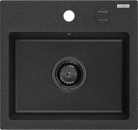 Mexen Milo granitový dřez 1-komorový 435 x 410 mm, černý/stříbrný metalik, černý sifon - 6505441000-73-B