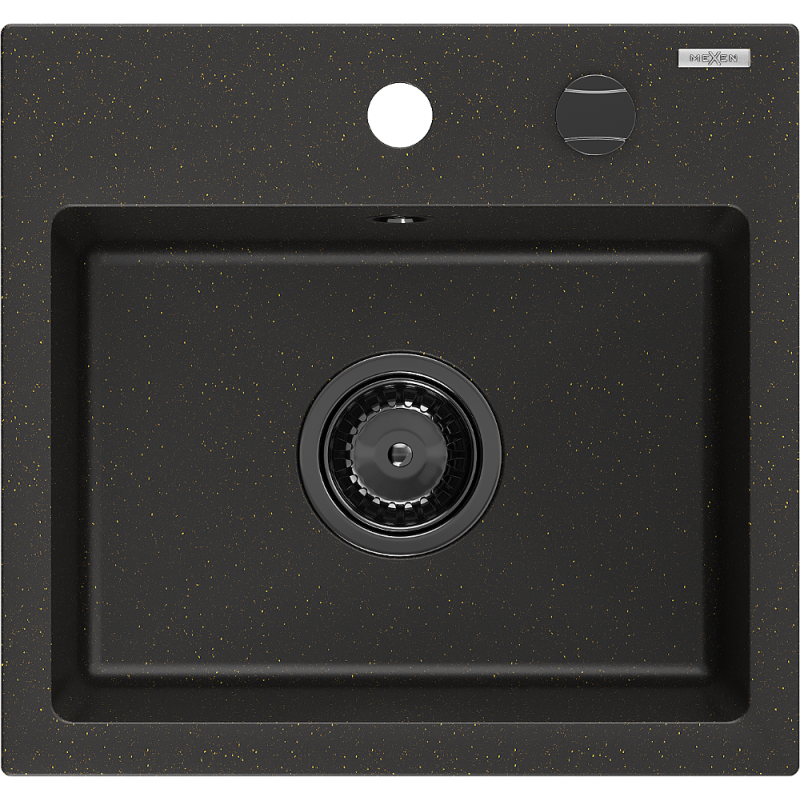 Mexen Milo granitový dřez 1-komorový 435 x 410 mm, černý/zlatý metalik, sifon černý - 6505441000-75-B
