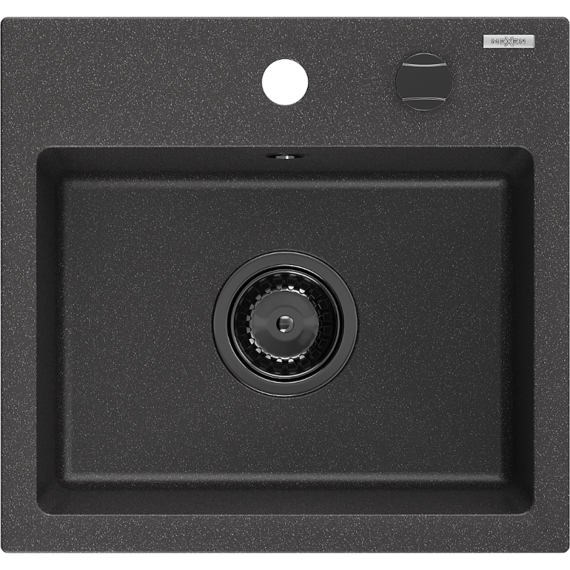 Mexen Milo granitový dřez 1-komorový 435 x 410 mm, černý kropenatý, černý sifon - 6505441000-76-B