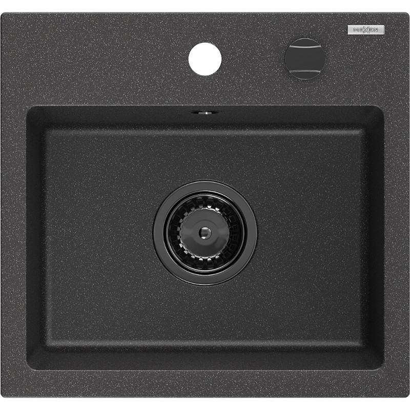 Mexen Milo granitový dřez 1-komorový 435 x 410 mm, černý skvrnitý, černý sifon - 6505441000-76-B